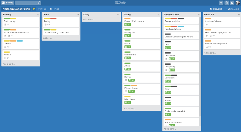 My Trello board for the Northern Badger website