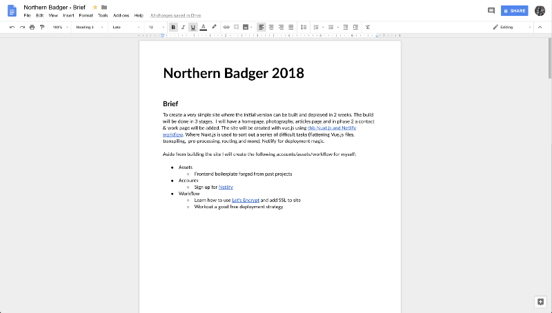 A screenshot of the first page of Northern Badger 2018 website brief